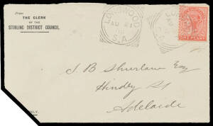 Sth Aust: Longwood: 'LONGWOOD/AU21/06/S-A' squared-circle (rated RRRR) on QV 1d red on Shierlaw front with 'STIRLING DISTRICT COUNCIL' imprint at upper-left, rounded corner at lower-left. PO 2/4/1898.