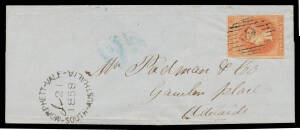 Sth Aust: Morphett Vale: 'MORPHETT-VALE/("Jan") 21/1858/-SOUTH-AUSTRALIA' unframed cds (rated RRRR) alongside QV 2d orange Adelaide Printing imperf (3½ margins) with numerals-in-diamond '66' cancel on folded outer, Adelaide GPO arrival b/s. PO circa 1841;