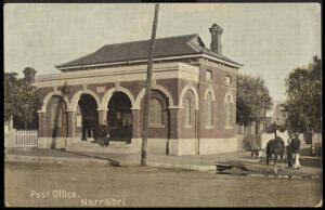 NEW SOUTH WALES POST OFFICES. Narrabri incl. 1936 advertising cover for 'Speedwell Cycles'. Narrandera with 1871 commercial cover. Nowra with 1907 commercial cover. Nyngan with circa 1900 p/card of P.O. (damaged cnr.) and 1935 (Mar.18) 2d ANZAC FDC.