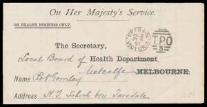 Victoria: TPO 3: 'UP TRAIN/MG3/JY6/97/VICTORIA-TPO/3' duplex cancel (second period of use; rated RRR) on stampless 'ON HEALTH BUSINESS ONLY' lettersheet (advising of a smallpox outbreak), 'KYNETON' transit & light 'METCALFE' arrival b/s. [Melbourne-Bendig