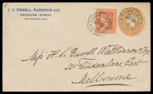 Victoria: TPO 13: 'DOWN TRAIN/MG13/MY29/95/VICTORIA' octagonal d/s (Type 1; 22mm; rated RRRR) two strikes on QV 1d orange Stamped To Order Envelope with 'Burrell Watkinson & Co (Melbourne)' imprint in blue and QV 1d brown added. [Melbourne-Wodonga Line; t