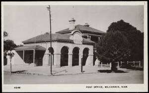 NEW SOUTH WALES POST OFFICES. Walcha with 1900 cover. Warialda incl. 1927 cover to Sth. Africa. Wellington with a circa 1904 colour p/card showing a Mail Coach in front of the P.O. plus 1914 cover for "Pick's Royal Hotel". West Wyalong with a 1901 Tatts c