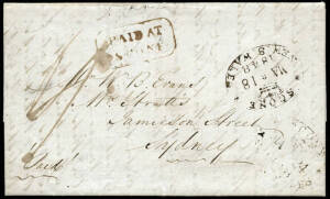 1848 (May 18) entire letter concerning the sale of spirits in the Colony, Scone - Sydney with red boxed "PAID AT / SCONE" handstamp and Crown oval "SCONE / NEW.S.WALES" datestamp, b/stamp Sydney. Very fine.