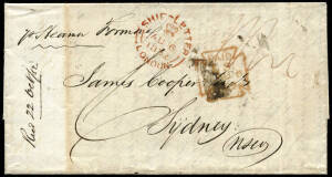 1852 (Aug.6) entire letter London - Sydney, endorsed "P Steamer Formosa" with red "SHIP-LETTER/AU 6/1852/LONDON" datestamp & "SHIP LETTER/OC 22/SYDNEY" backstamp. The "Formosa" was the second P & O steamer to Australia, sailing from Southampton Aug.7th, a