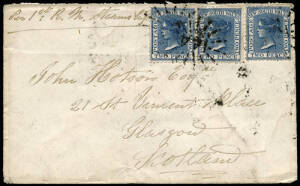 1872 (Aug.23) cover Mundooran - Scotland franked with 1862 2d pair and a single cancelled with "144" numeral. With an unframed Mundooran cds, Mudgee & Sydney transit cds's and Glasgow arrival cds, b/stamps.