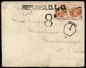 1898 (Sept.2) cover franked with ½d pair tied by Ramsey IOM duplex, addressed to NSW, handstamped "T" in London with an "8d" charge mark applied upon arrival. Handstamped "REFUSED, D.L.O.", b/stamped in red with "DEAD LETTER OFFICE / SYDNEY N.S.W." cds.