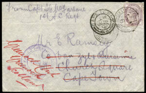 BOER WAR; 1902 (Jun.3) cover to Cape Town redirected to Scotland franked with GB 1d lilac cancelled at Field Post Office 9, with a Press Censor cachet and headed "From Capt. H. MacFarlane, 1st A.C. Regt.". Captain MacFarlane, who served in the forces of V