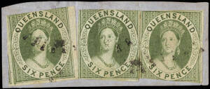 1860 (SG.3) 6d green, wmk Large Star, imperf. 3 singles with varying margins. The left hand stamp with part of adjoining stamp at left. All tied with an indistinct obliterator. Vary scarce multiple on piece.