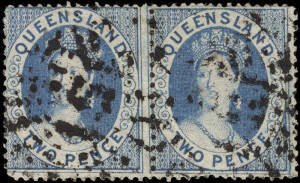 1860-61 (SG.7) 2d blue Chalon, wmk Small Star, perf. clean cut 15.6 x 14. Horizontal pair with Rays '151' cancel.