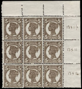 June 1911 (SG.306; BW:Q38b) 5d Deep Brown, comb perf.13x11 to 12½ with irregular vertical gauge: upper right corner block (8**,1*) showing vertical gauges of 11½, 11 & 12 se-tenant on rows 1 to 3. A scarce and interesting positional piece. BW.Cat.$1125 fo