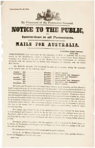 "INSTRUCTIONS No. 42, 1854" MAILS FOR AUSTRALIA. Original British Post Office notice re Contract Mail rates and routes. Fine & scarce historical poster.