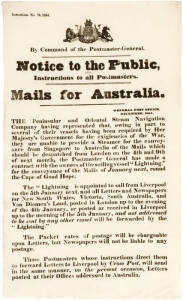 "INSTRUCTIONS No. 78, 1854" MAILS FOR AUSTRALIA . Original British Post Office notice re cessation of Steamer services due to the Crimean War & the replacement service to be provided by the sailing vessel "Lightning". Fine & scarce historical poster.