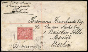 1890 (Mar.7) (SG.236b) usage of 1/6 rosine Stamp Duty, perf 12½, on a registered cover to Berlin. Tied by Melbourne registered oval. Some staining, very scarce.