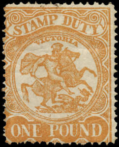 1888 (SG.262b) £1 reddish orange/yellow Stamp Duty, typographed from electrotypes, wmk V over Crown UPRIGHT & INVERTED, perf 12½. Listed by both SG and Kellow in "The Stamps of Victoria" as wmk sideways only. Minor faults which do not detract.