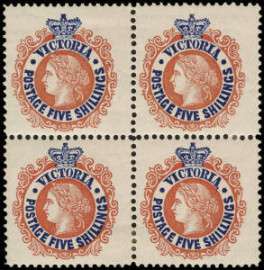 1901 (SG.398a) 5/- Scarlet and deep blue, QV with Postage added, wmk V over Crown, perf 12½, block with plateable varieties incl. "Broken leaf below 'GE' of POSTAGE", top L unit. Gum toned, scarce as a multiple.