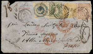 1855 piece with 3d half length pair cancelled witha smudgy "82/V?" barred oval with Hepburn Crown oval alongside. Group to Locarno; 1858 (Aug.10) registered front franked with 6d orange & 2/- woodblocks, imperf 1/- octangonal and 4d emblem with Sandhurst 