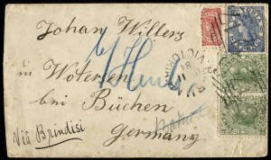 1884 (Mar.11) cover to Germany with 6d ultramarine, 1d green horiz. pair + ½d rose-red tied by BARMAH BN "947", endorsed "via Brindisi". With Echuca (11.3.), Melb. (12.3.) and Roseburg (22.4.) b/stamps. NB: 8½d correct rate via Brindisi.