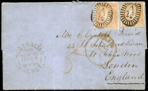 1855 (Dec.21) entire letter Castlemaine - England franked by two 6d 'Woodblocks' each cancelled with barred oval "37". Red "AUSTRALIAN / PAID / LIVERPOOL / PACKET" arrival datestamp on the front, rear flap endorsed "Cmaine 21/12/55".