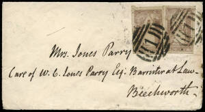 1856 (Apr.) Melbourne - Beechworth cover bearing 2d lilac Queen on Throne (x2, both four margins, 1 plated) tied by "1" numerals. With Melbourne unframed oval and Beechworth Crown oval "MY 2 / 1856" backstamps.