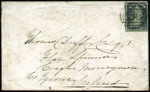 1859 (Jan.12) use of 6d bright blue, tied by BN '130'(rated SS), on cover from CRANBOURNE to IRELAND, with MELBOURNE, DUBLIN & DUNGANNON cancels on reverse. [The letter was carried on the last voyage of the European & Australian Line.].