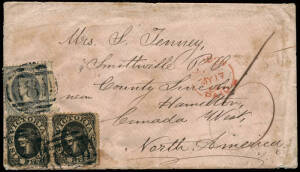 MAIL TO CANADA: 1864 (Mar.22) cover from PORTLAND to HAMILTON, with 6d pair + 2d, tied by multiple strikes of BN "8", plus mss "5" and London transit cds on front. Portland, Melbourne, Smithville, Grimsby & HAMILTON backstamps.