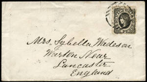 1864 cover Warringal - England franked with a 1862-64 6d black tied by a light "82" BN. Backstamps incl. unframed Warringal oval "JU.25 / 1884" x2.