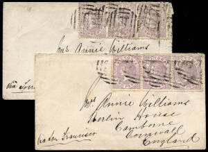 1875 (Apr.7 & May 4) 2 covers from the same correspondent, Clunes - England each franked by 1873 2d strip of 3 cancelled "147". One cover endorsed 'via Torres Straits", the other "via San Francisco".