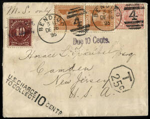 1895 (Dec.16) underpaid cover from Bendigo - Camden, NEW YORK with 1d orange brown pair + ½d rose-red & 3 USA tax markings + US 10c postage due, endorsed "M.S. only" at top left. B/stamped San Francisco (16.1.1896) and Camden (21.1.). Underpaid 5d double 