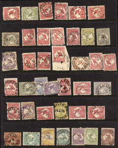 Group on 'Roos to 5/-. Majority cds's, noted 9d 1st wmk blk of 4 with Happy Go Lucky '522' duplex and 5/- 3rd wmk with part violet oval "Collingwood / Post Office". Mixed condition.