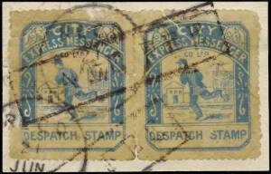 1894 Boyd's City Express Messenger Co. Ltd., 1st Printing in green, used single with part light blue Boyd's h/stamp and 2nd Printing in blue, pair (faults) used, tied on piece. On an annotated page. Very scarce.