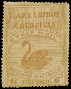 1896 LAKE LEFROY GOLDFIELD CYCLE MAIL 6d pink on slightly greenish paper with characteristic mis-aligned perforations. Despite expanding Post Office services Lake Lefroy, near the Kalgoorlie goldfields, remained unserviced until this local post was establ