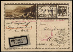 9 Aug.1929 (Si.30.Ba,Bb & Bd) Friedrichshafen - Tokyo, Los Angeles and Friedrichshafen, Zeppelin World Flight on 3 up-rated pictorial postal cards to the same addressee. All with the red flight cachet, the red single line flight route h/stamp and appropri