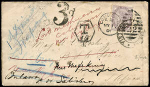 BOER WAR; 1901 (May 1) taxed incoming letter from London, originally addressed to Major Gosling, B.S.A. Police, Mashonaland, re-directed 4 times, finally to Lord Methuens column near Vryburg. With 11 backstamps, a fascinating story.