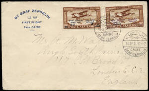 10 Apr.1931 (Si.A105.Az) Egyptian flight flown Zeppelin cover, addressed to England with both of the o'ptd Zeppelin stamps, the 50m o'pt with the error "1951" for 1931. B/stamped Friedrichschafen; Plus 5 Jan.1934 cover with International Aviation Congress