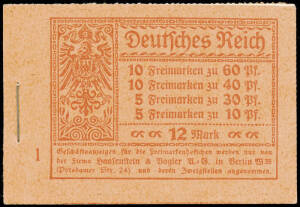 1921 (Mi.MH.15A) Germania and Numeral 12 mark booklet, orange cover, 5 panes of 6, perforated through the margin. Cat. 900 euro.