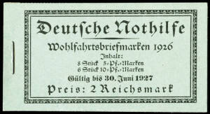 1926 (Mi.MH23.1) "Deutsche Nothilfe" 2 Reichsmark booklet. With 2010 Schlegel Expert cert. stating the booklet is authentic with a minor tone spot on the interleaving and 1 perf. Cat. 1200 euro.