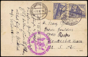 1936 (Aug.1) Frankfurt - USA postcard franked with 25 + 15pf Olympic stamps x2 (Mi.615) tied by Frankfurt & Berlin airmail cds's and with a red "LUFTSCHIFF HINDENBURG OLYMPIAFAHRT 1936" cancel at base.