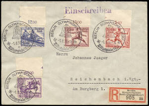 1936 (Aug.1) (Mi.613-16) registered cover franked with the Olympics 4 h/values, 12 + 6pf to 40 + 35pf, tied by 'Berlin Olympisches Dorf' commemorative cds and with 'Berlin Olympia-Postbüro Berlin-Charlottenburg 9' reg. label. Fine.