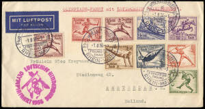 1936 (Aug.1) (Mi.609-16) Zeppelin Olympic flight cover to Amsterdam with a full set of Olympic stamps (15 + 10pf x2) and Hindenburg Olympic cachet.