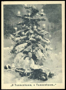 1941 German 6pf postal card forged by the Russians, for propaganda purposes, showing a dead soldier under a illuminated Christmas tree. The message side reads in part "Des Führers Weihnachtsbescherung" ("The Fuhrers Christmas eve message") "Am Weihnachtsa