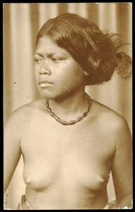 1910 (Sept.7) (Mi.8) 5pf green Yacht, on a blank postcard, showing a sepia photograph of a young indigenous woman, tied by "PALAU" cds.