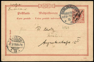 1899(Feb.15) 10pf postal card overprinted "Deutsch / Neu-Guinea", to Germany cancelled with "BERLINHAFEN" cds plus Breslau arrival cds. Fine.