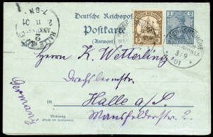 1901(Jun.2) complete German 2pf reply lettercard to Ralum, German New Guinea, each half up-rated with 3pf brown stamp and with messages. The sender's half cancelled Halle and the reply with "HERBERTSHÖHE" cds, "3/9/01". A very scarce survivor.