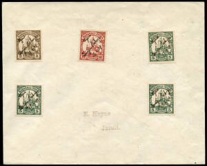 1909 (Mi.13,14,15) 3pf, 5pf (3) & 10pf Yachts on a cover addressed to Jaluit, all cancelled in manuscript " UJOIA / Canjen Bakiju / 18.4.09". Jaluit "28.4.09" b/stamp on the reverse.