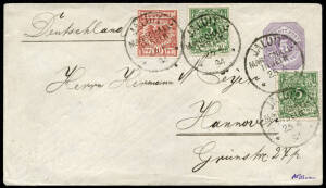 1894 (Apr.25) Wurttemberg 5pf violet embossed envelope up-rated to 25pf with additional 5pf x2 & 10pf German Reich stamps, tied by "JALUIT MARSCHALL INSELN" cds, to Hannover. With Sydney transit and Hannover b/stamps.