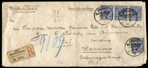 1895(Feb.16) long cover registered Jaluit - Hannover franked with 20pf violet-ulramarine Germania (Mi.48d) x4 tied by clear "JALUIT / MARSCHALL INSELN" cds's addressed "an den Königlichen Geheimen Rat von Bennigsen" (Royal Privy Council at Bennigsen) in H