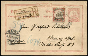 1902 (Dec.26) complete 10pf reply lettercard, up-rated with 40pf Marshall Island yacht, with Jaluit registration label to Mainz, Germany. Apart from the address no other annotation.