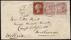 Useful group with 1857 cover to Melb. franked with 4d rose, Large Garter pair (SG.66) and 1d red tied by Dundee '114' duplex, 1864 mourning cover to NSW with 6d lilac, wmk Emblems (SG.84) tied by Kilkenny '269' duplex, 1871 outer to New York with 4d rose,