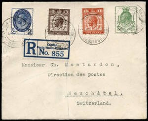 1929 (May 28) PUC set of 4 on an 'official' registered cover to Mr Ch. Montandon, Director of Posts, Neuchatel, Switzerland. With UPU cds's, reg. label and the back flap of the cover with the UPU embossed seal. A superb UPU cover.