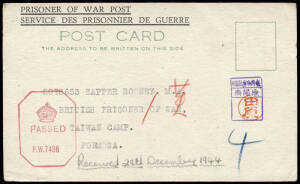 1944 (Mar.16) unfranked POW post card to a British POW, TAIWAN CAMP, FORMOSA, from his mother. With British censor mark and a blue & red 'chop'. Annotated in pencil "Received 24th December 1944". Fine and fresh.